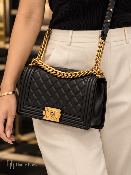 [Unused- warehouse] CHANEL Medium Boy Quilted Black Gold Hardware