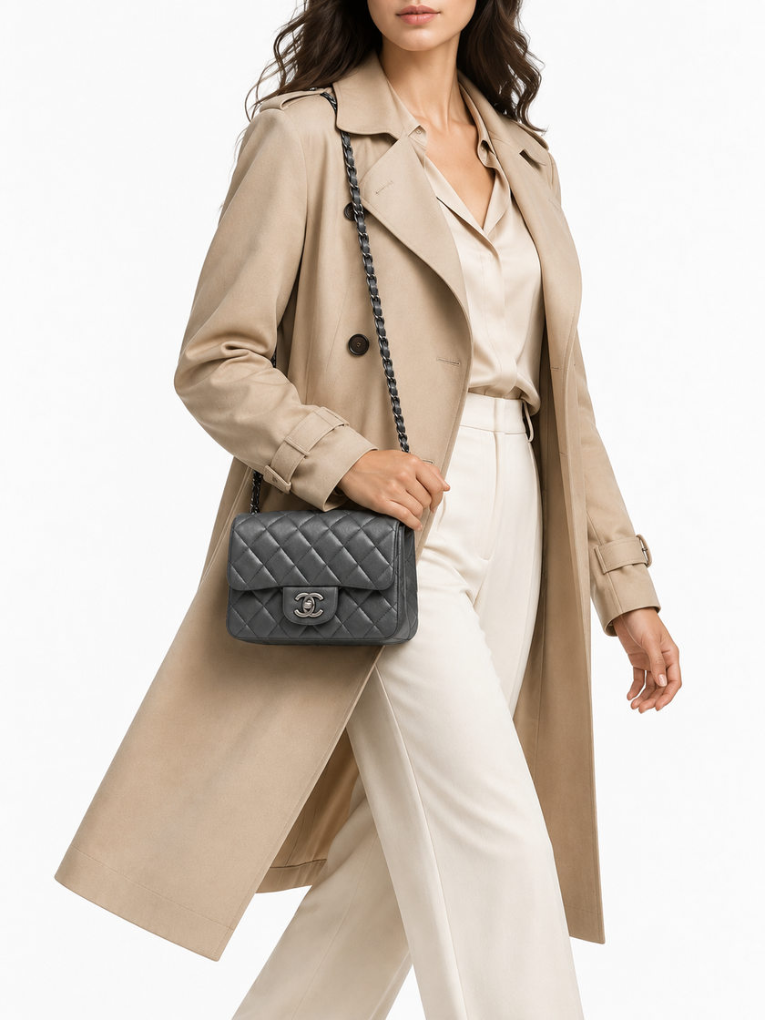 CHANEL Mini Square Iridescent Grey Suede Gun Metal Hardware