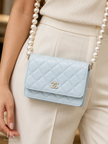 [Unused/Like New] CHANEL Quilted Large Pearl Mini Wallet On Chain WOC Blue