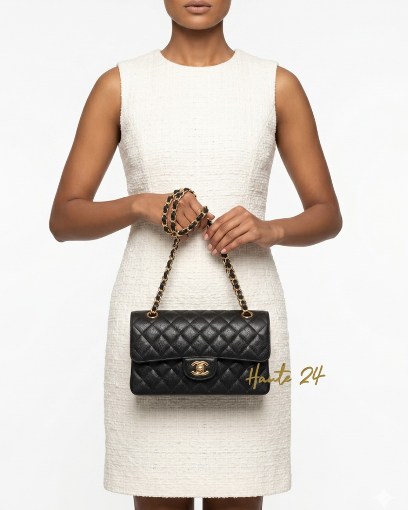 [Unused] CHANEL Small Classic Flap Quilted Black Caviar Gold Hardware
