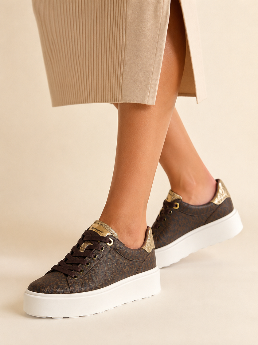 [At India] MICHAEL KORS Romey Metallic Two-Tone Signature Logo Platform Sneaker - Brown