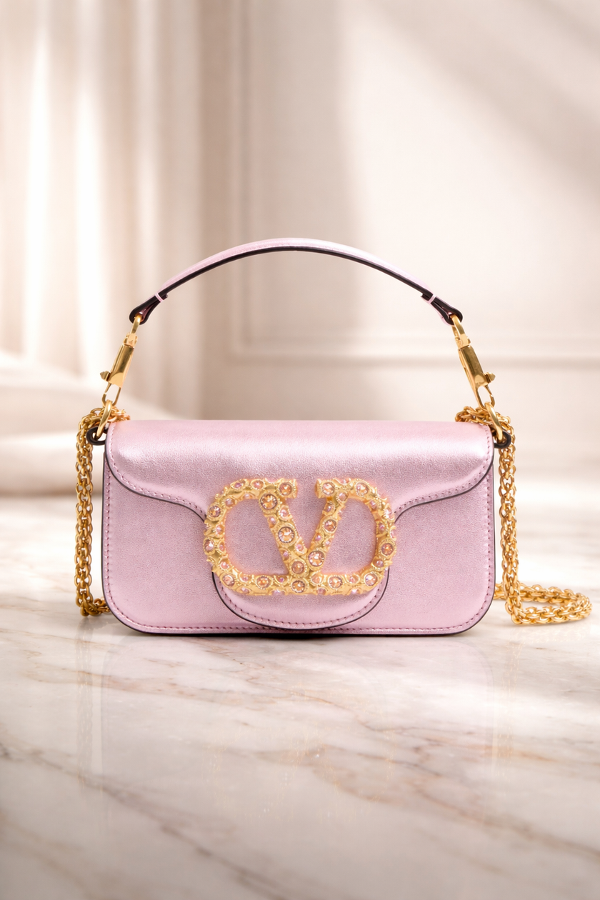 [At India]  VALENTINO Garavani Locò Small Shoulder Bag In Lamé Calfskin With Jewel Logo
