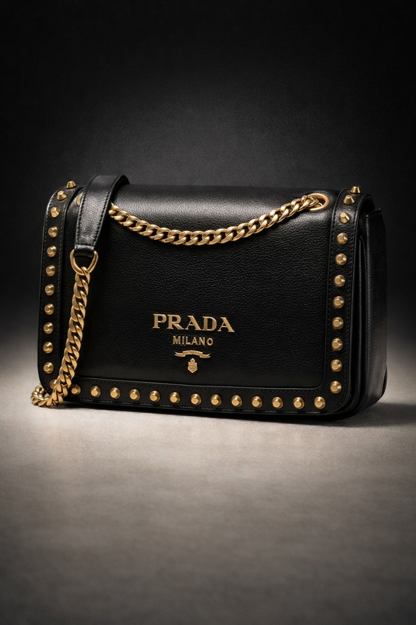 [At India] Prada Pattina Black Calf Leather Studded Flap Chain Crossbody Bag