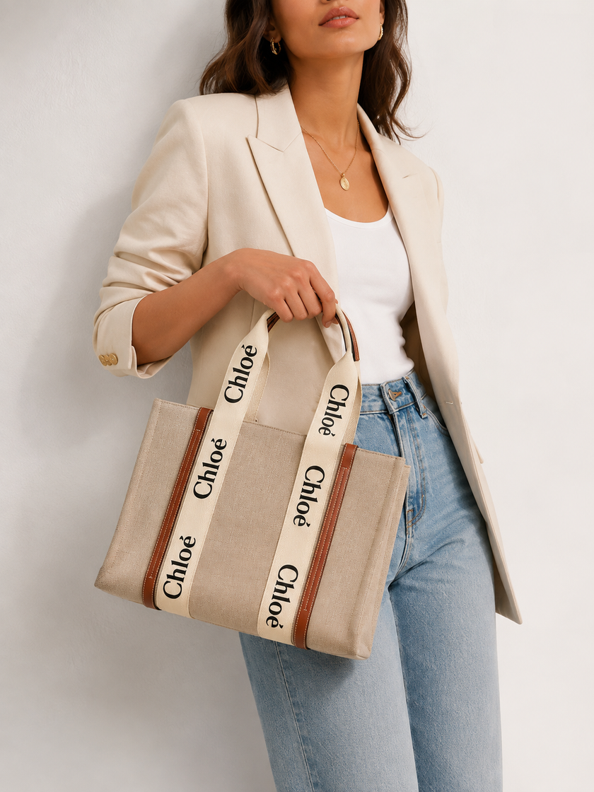 CHLOE Woody Medium Tote Bag Beige Brown
