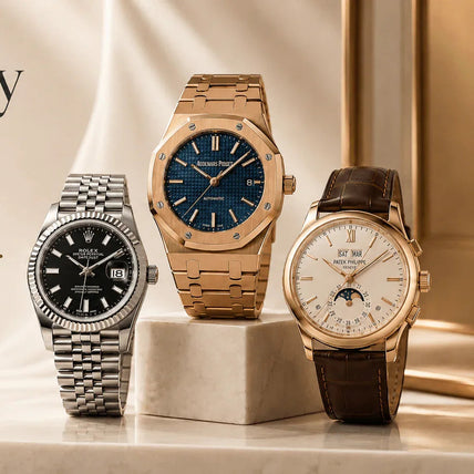 Three Swiss luxury watches displayed on a white surface with a beige background.