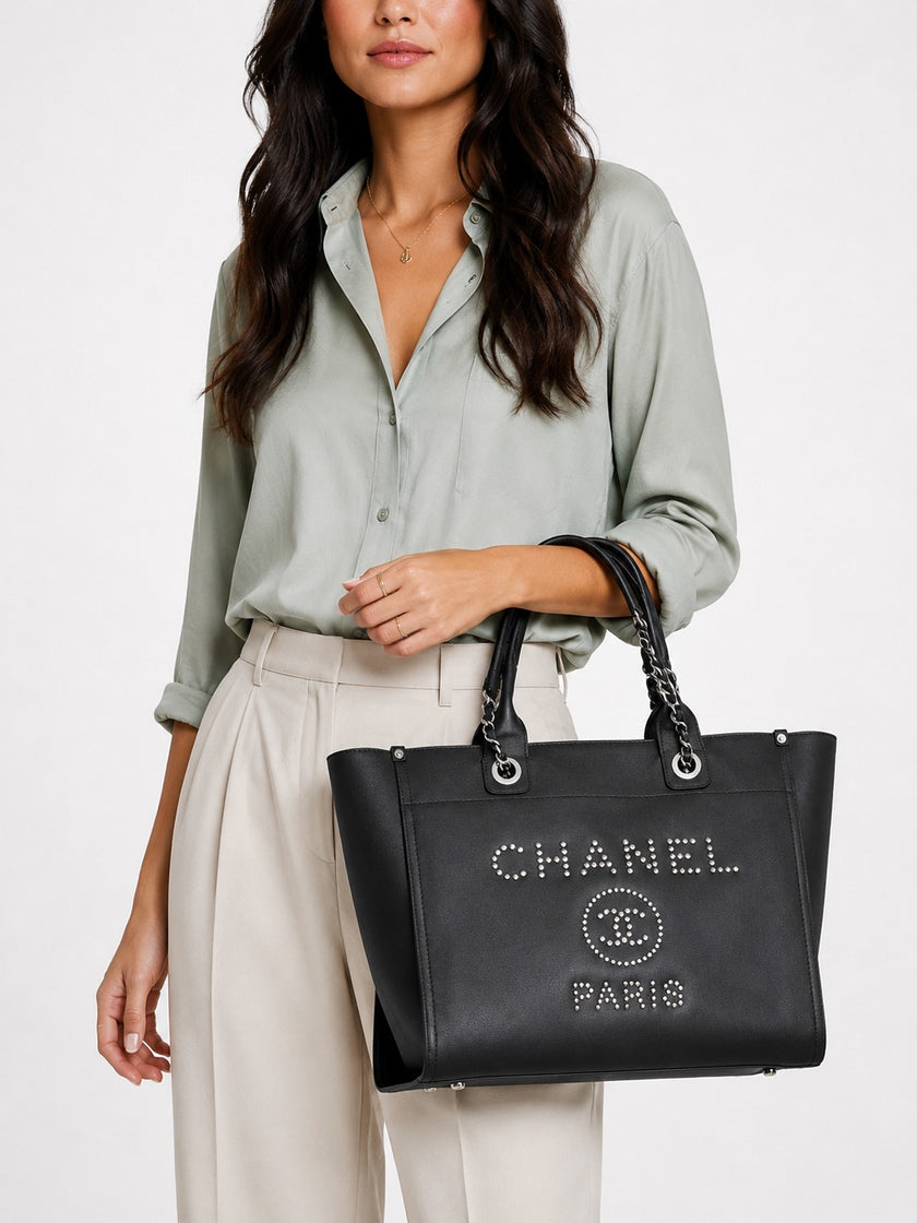 CHANEL Deauville Studded 2WAY Chain Tote Black