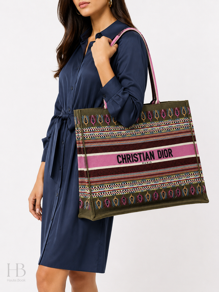 DIOR Book Tote Botanical Pattern Khaki/Purple/Multicolor