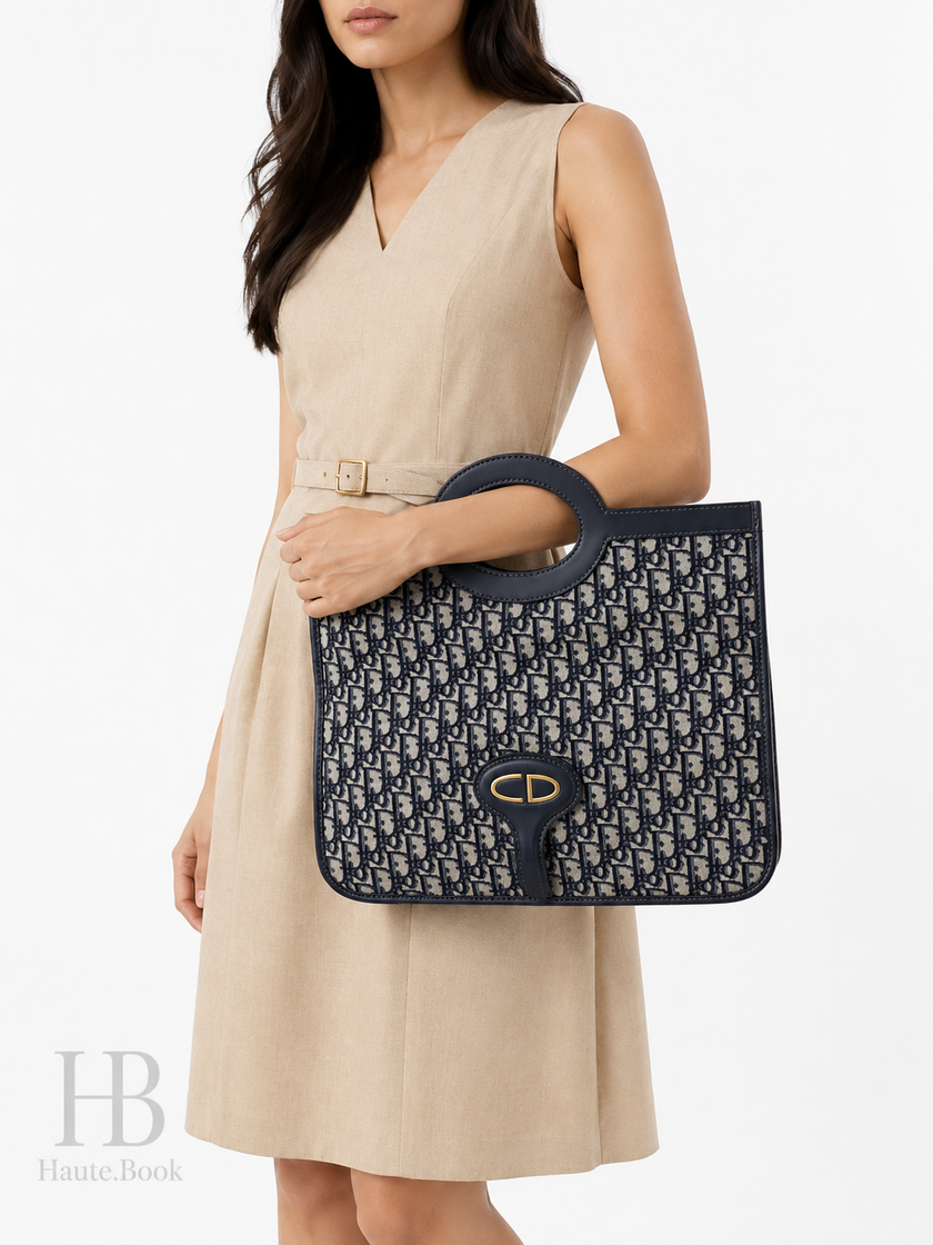 DIOR Oblique Jacquard Fold-Over Clutch Beige/Navy