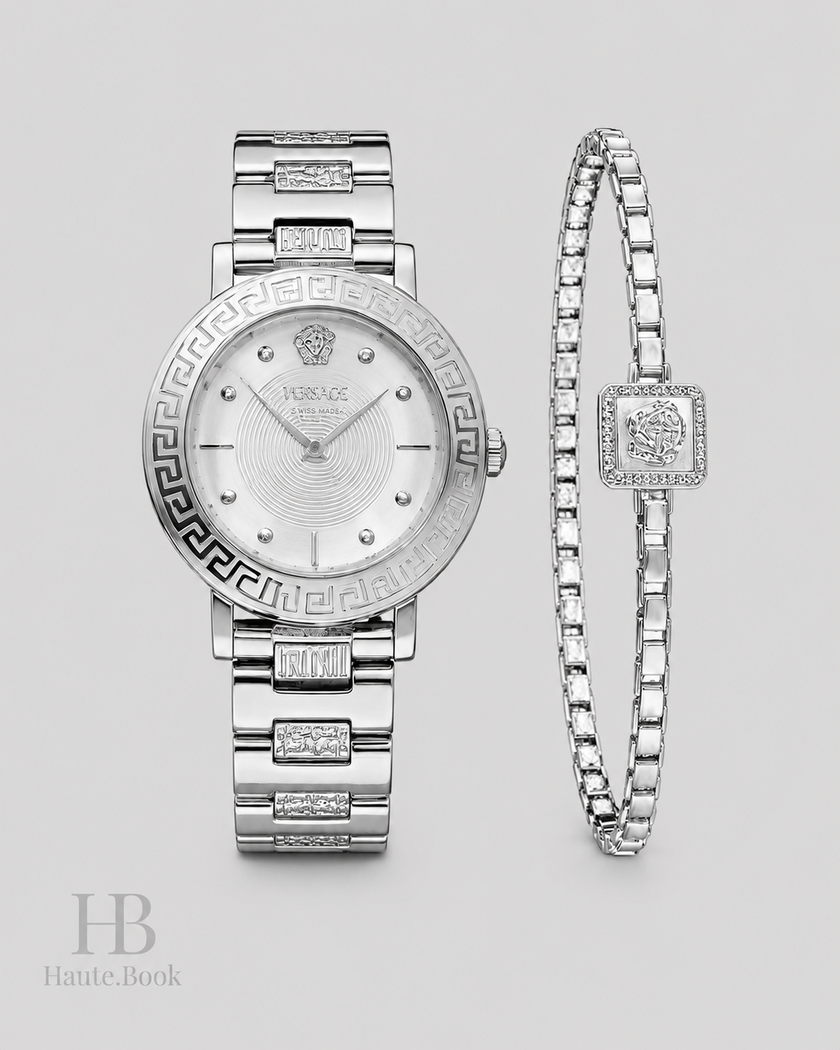 VERSACE Greca Sphere Quartz Silver Dial Ladies Watch Box Set