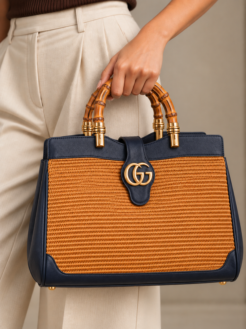 GUCCI GG Marmont Bamboo Raffia/Leather Handbag