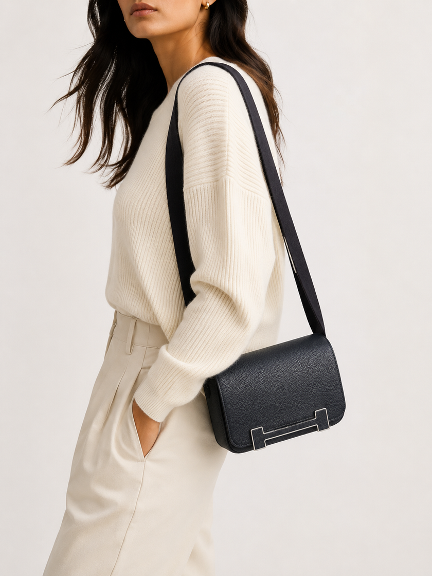 [Like New] HERMES Chevre Leather Geta Silver Buckle Shoulder Bag Noir