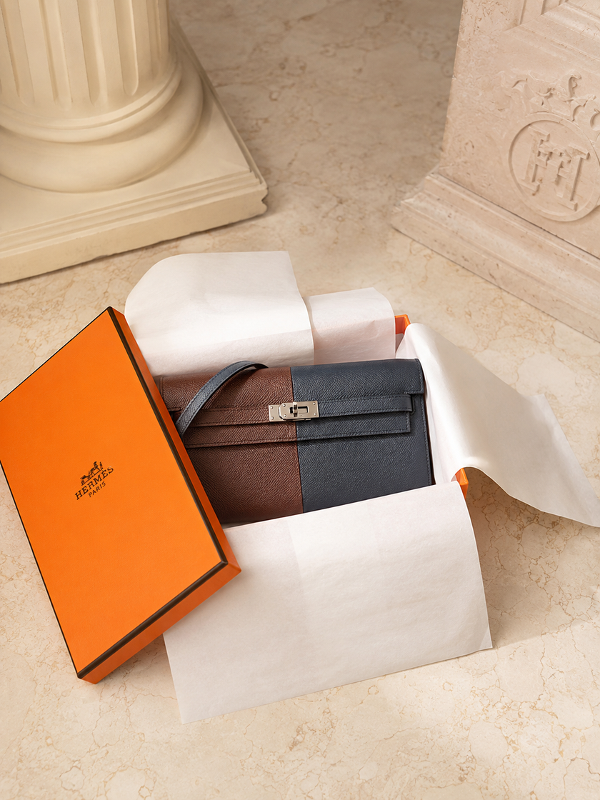 [Unused] HERMES Kelly Wallet Long To Go Casaque Blue Indigo/Rouge Sellier/Rose Texas