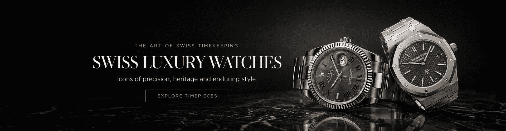 Two luxury Swiss watches displayed on a dark reflective surface with promotional text reading 'SWISS LUXURY WATCHES' on a black background which leads to Hautebook's Swiss Luxury Watches Collection. 