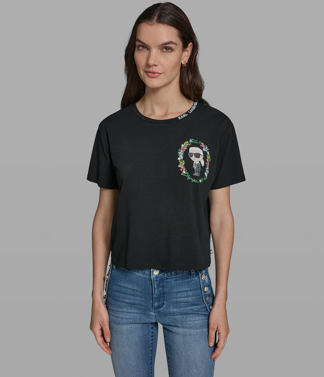 KARL LAGERFELD Cropped Cotton Jersey Karl Floral Tee
