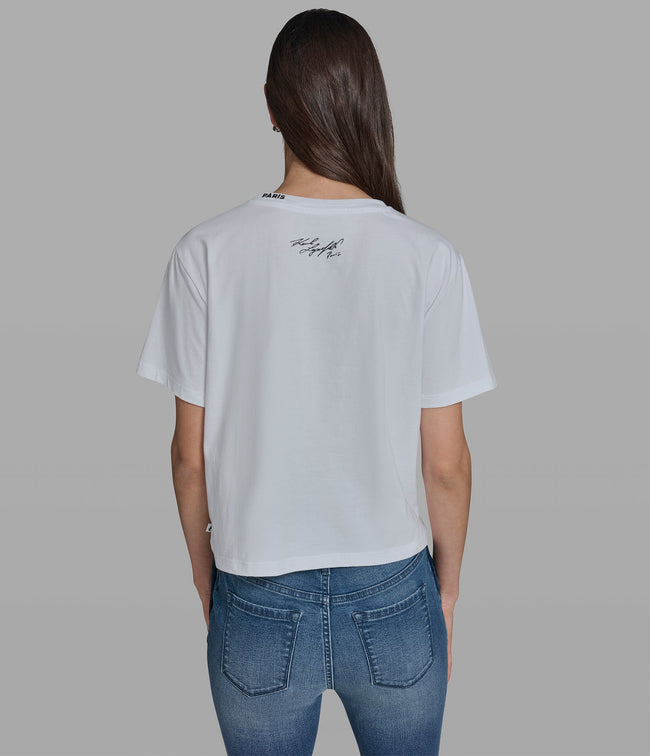 KARL LAGERFELD Cropped Cotton Jersey Karl Floral Tee - White