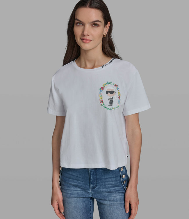 KARL LAGERFELD Cropped Cotton Jersey Karl Floral Tee - White