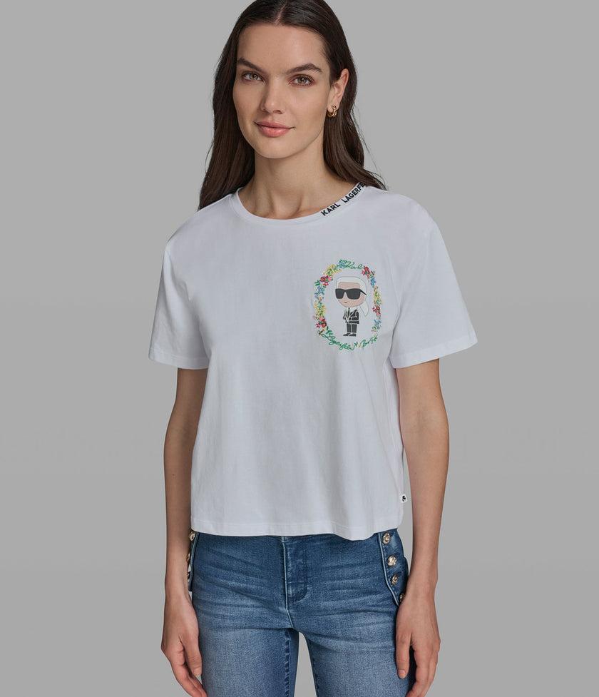 KARL LAGERFELD Cropped Cotton Jersey Karl Floral Tee - White