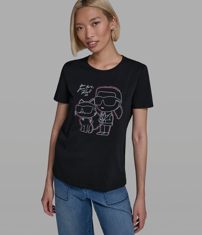 KARL LAGERFELD Cotton Jersey Karl Et Choupette Outline Tee - Black