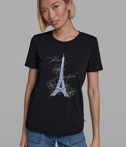 KARL LAGERFELD Cotton Jersey Jeweled Eiffel Tower Tee