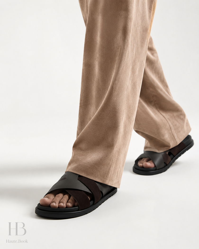 HERMES Kazimir Sandals In Ebony Brown