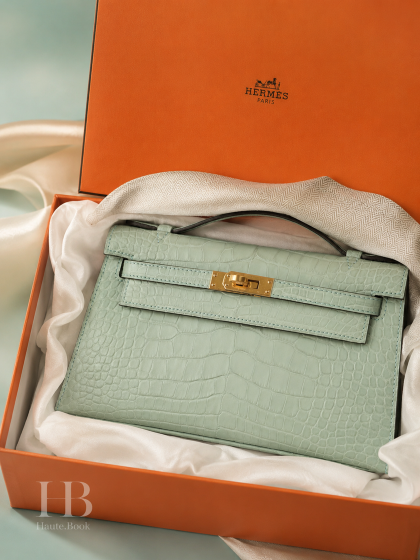 [Brand New] HERMES Kelly Pochette Vert D’Eau Matte Alligator