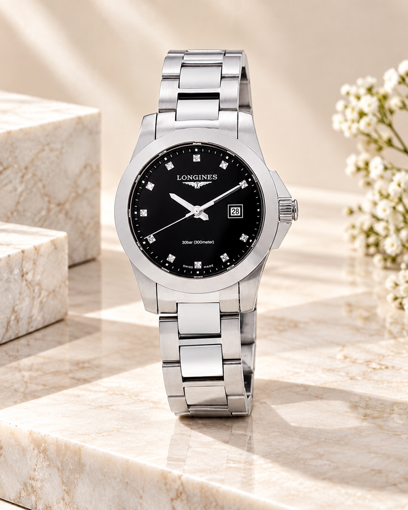 LONGINES Conquest Quartz Diamond Black Dial Ladies Watch