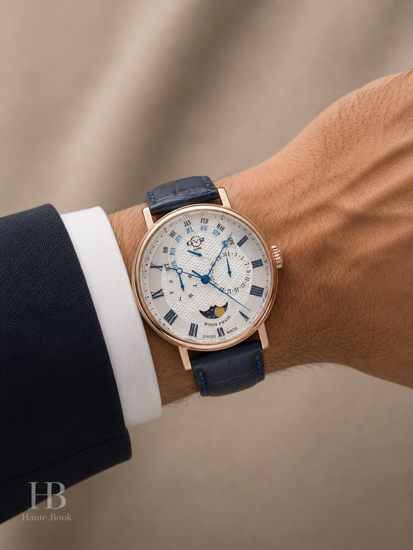 GV2 BY GEVRIL Maestro Quartz Moon Phase Silver Dial Men's Watch