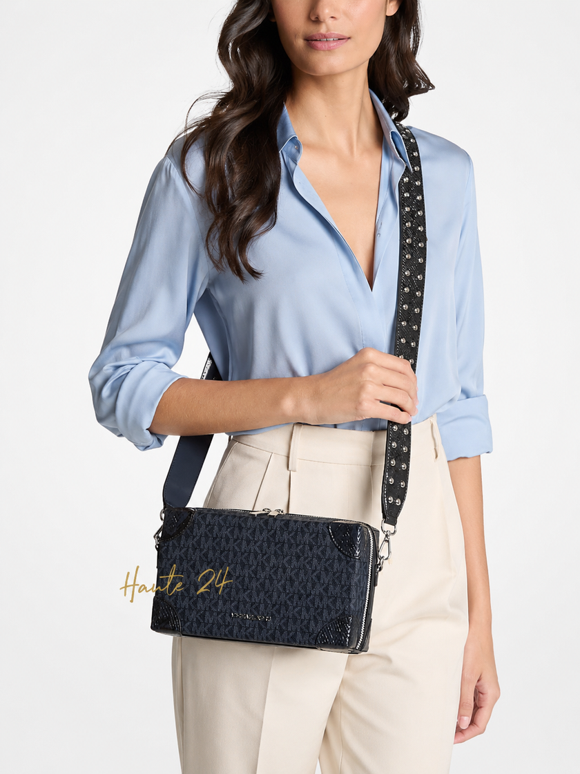 MICHAEL KORS Jeanie Small Signature Logo and Snake Embossed Crossbody Bag Navy