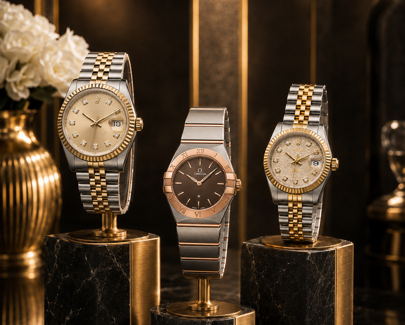 Three luxury wristwatches displayed on black marble and gold pedestals against a dark gold-paneled background. The watches feature two-tone silver and gold bracelets, one with a cream dial, one with a dark brown dial, and one with a champagne dial.