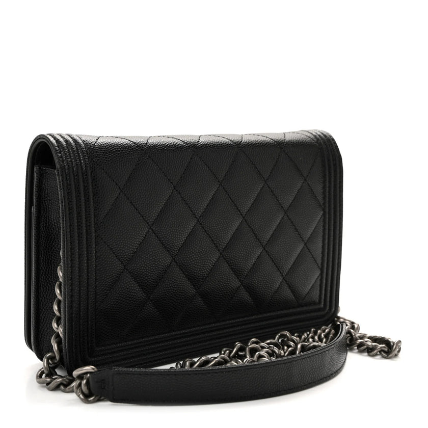 CHANEL Quilted Boy Wallet on Chain WOC Black Caviar Ruthenium Hardware