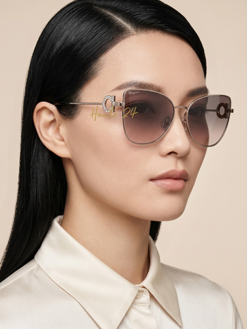 [At India] FERRAGAMO Grey Rose Gradient Cat Eye Ladies Sunglasses