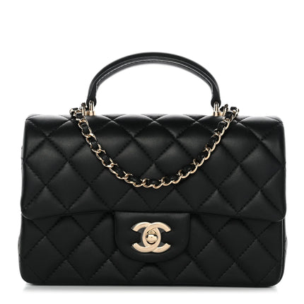 [Unused/Display]  CHANEL Top Handle Mini Rectangular Flap Bag Black Lambskin Gold Hardware