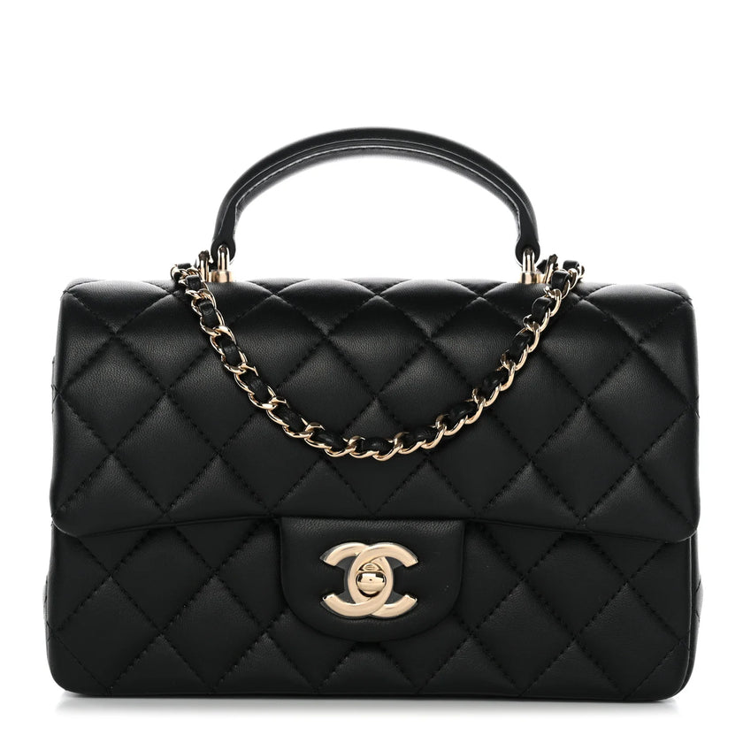 CHANEL Top Handle Mini Rectangular Flap Bag Black Lambskin Gold Hardware