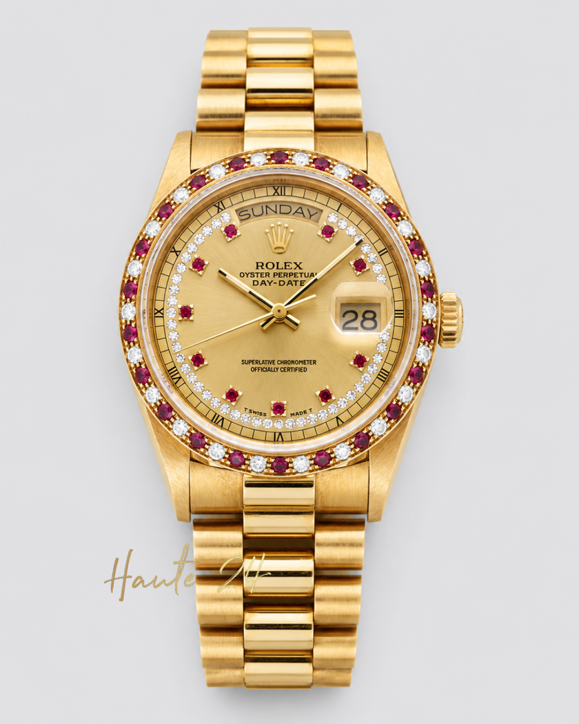 [Classics] ROLEX Yellow Gold Day-Date Ref. 18148 with Diamond & Ruby Bezel and String Dial