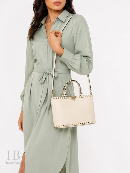 VALENTINO Garavani Rock Studded Tote Bag Light Ivory
