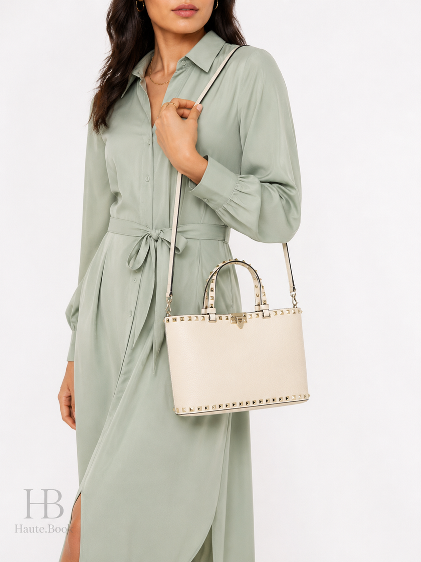 VALENTINO Garavani Rock Studded Tote Bag Light Ivory