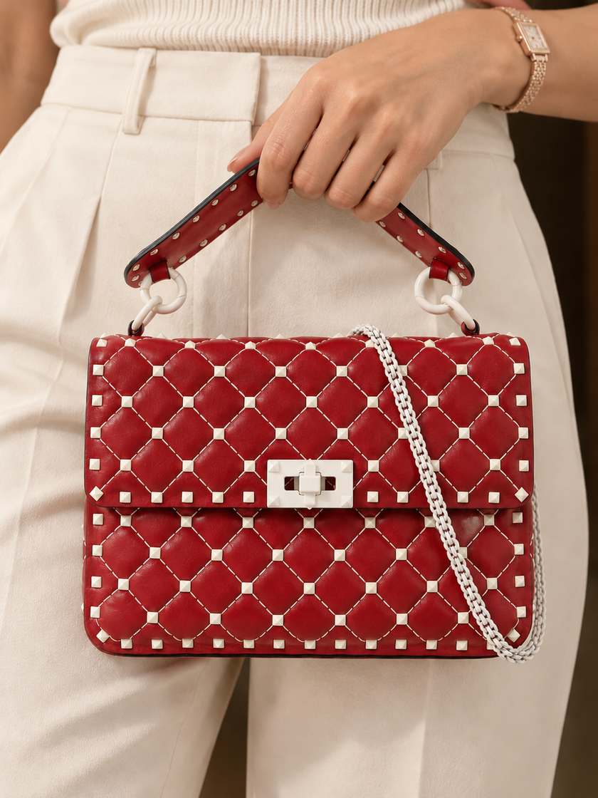 VALENTINO Cowhide Leather Shoulder Bag With Chain Strap Red