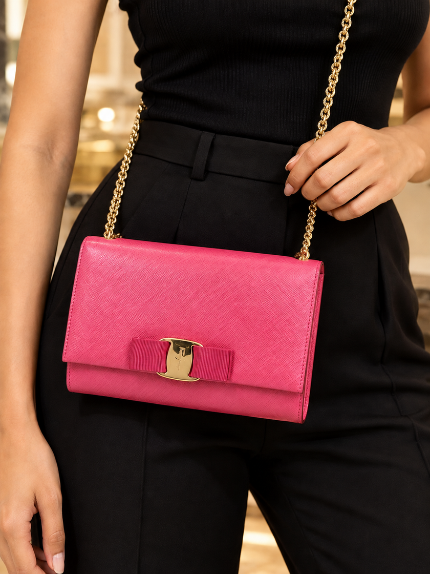FERRAGAMO Vara Ribbon Leather Shoulder Bag With Chain Strap