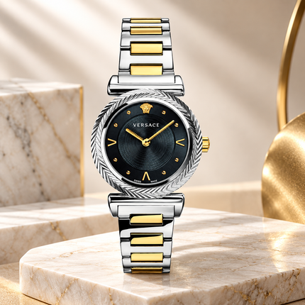 VERSACE V-Motif Vintage Logo Quartz Black Dial Ladies Watch