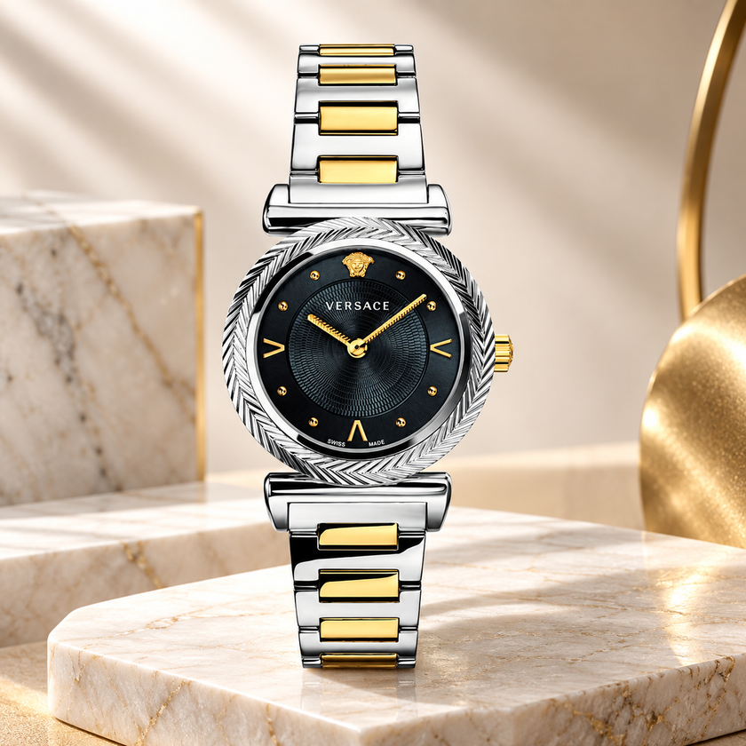 VERSACE V-Motif Vintage Logo Quartz Black Dial Ladies Watch