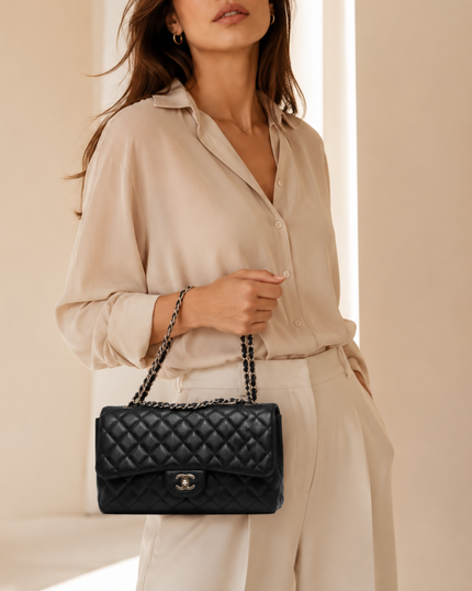 CHANEL Chanel Jumbo Single Flap Black Caviar Silver Hardware