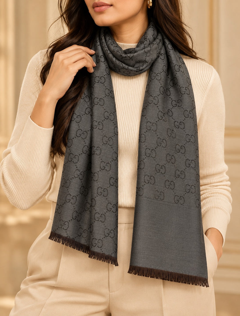 GUCCI Wool Silk Scarf - Dark Grey