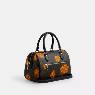 COACH Rowan Satchel Bag In Signature Canvas With Floral Print - Walnut/Black Multi image 1