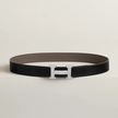 [AT DELHI] HERMES H Guillochee Belt Buckle & Reversible Leather Strap - Black/Grey image 1