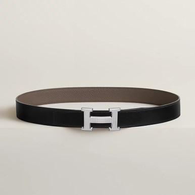[AT DELHI] HERMES H Guillochee Belt Buckle & Reversible Leather Strap - Black/Grey image 1