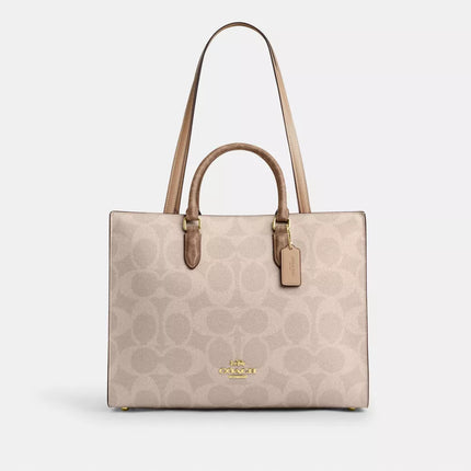 COACH Maggie Tote Bag In Blocked Signature Canvas - Gold/Sand/Tan image 0