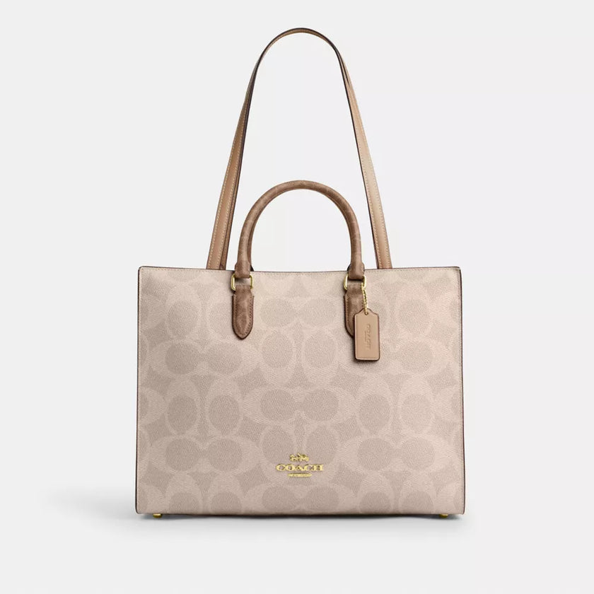 COACH Maggie Tote Bag In Blocked Signature Canvas - Gold/Sand/Tan image 0