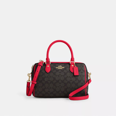COACH Rowan Satchel Bag In Signature Canvas - Walnut/Bold Red image 3