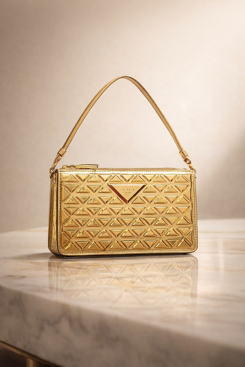 [AT DELHI] PRADA Triangle Metallic Leather Shoulder Bag In Gold image 0