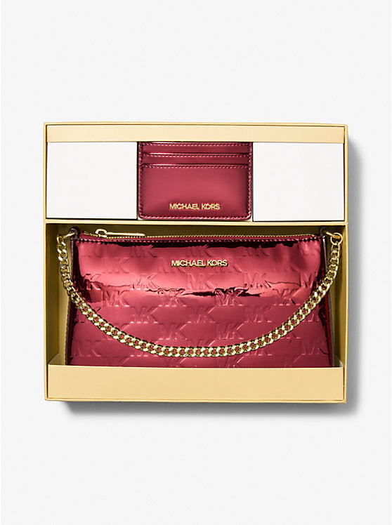 [AT DELHI] MICHAEL KORS Jet Set Medium Metallic Logo Debossed Pochette and Card Case Gift Set - Cherry image 0